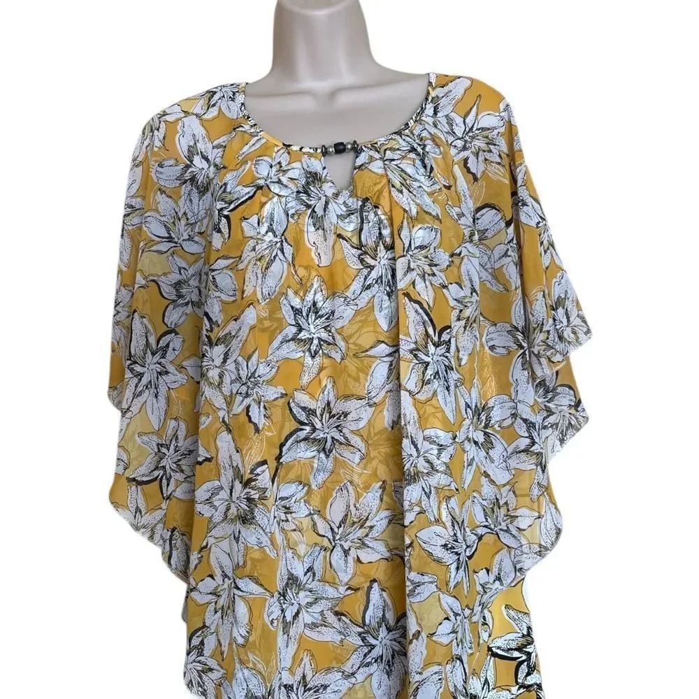 Notations Yellow /black floral Flutter Sleeve Tunic 2 Layers Sheer Sz3X beads